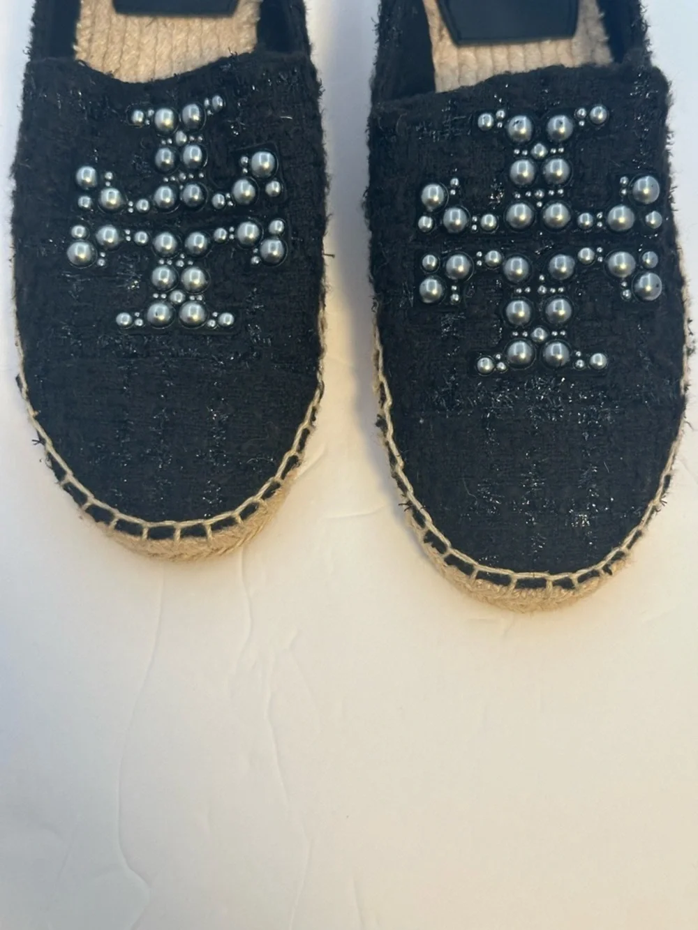 Tory Burch Black Pearl-Embellished Espadrille Flats Size 6.5